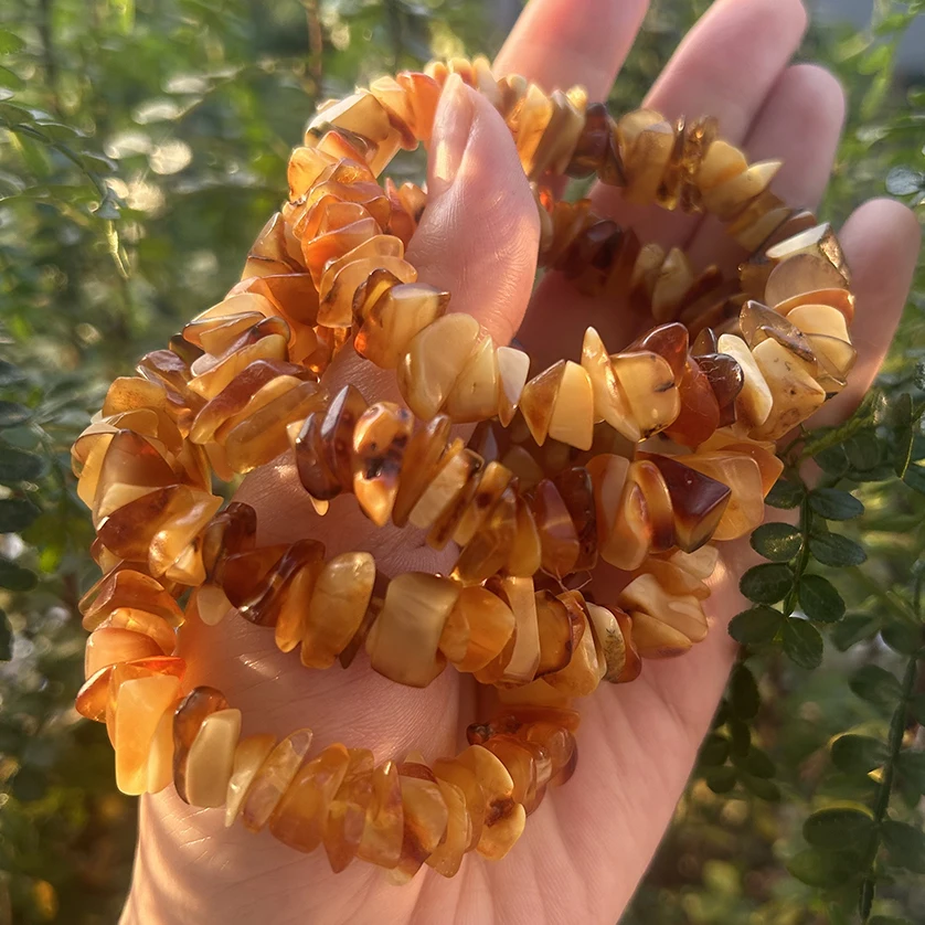 Natrural Genuine Amber Raw Material Bracelet Irregular Chips Beads , Wrist 50-52mmRought Size 13-18mm,For Women Bracelets Gift