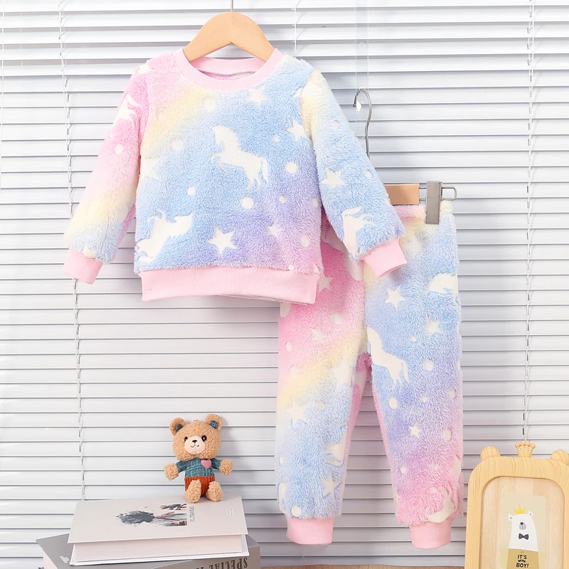 Female baby colored autumn and winter plush night fluorescent home clothing baby warm pajama set fashionable Chid Accessories