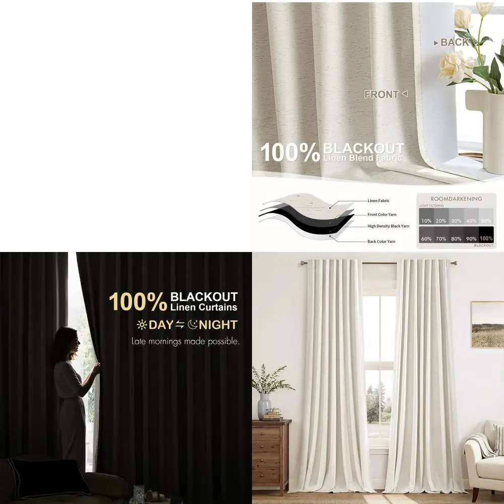 

Ivory Cream 100% Linen Blackout Curtains, 90 Length, 2-Panel Set with Back Tabs, Hook & Ring, Insulated for Bedrooms and Living