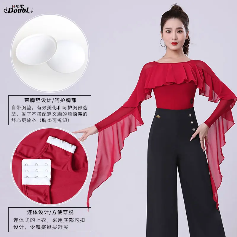 Doubl Ballroom Dance Top Women's New Fashion Double Flapper Sleeve With Breast Cushion Onesie High-end Ballroom Dancing Clothes