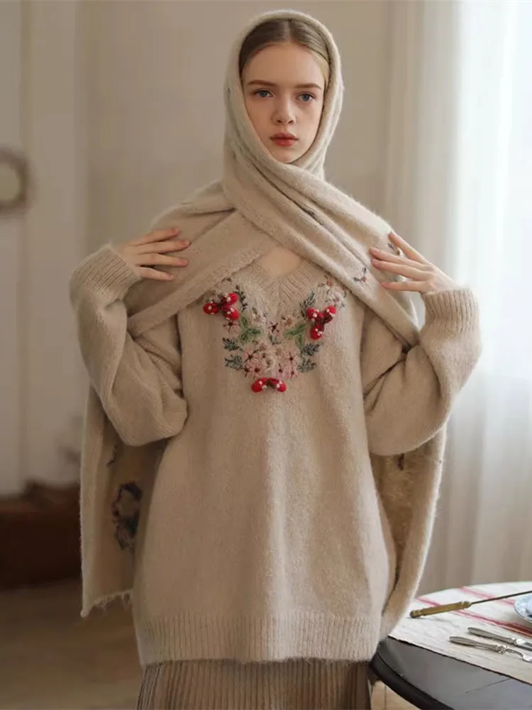 AIGYPTOS Fall Winter Warm Wool Knitted Sweater Women Korean Fashion Handmade Embroidery Floral V-Neck Oversized Pullover Sweater