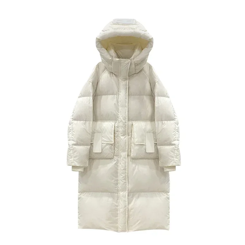 Women Winter Hooded Down Coat Mid-Length Stand Collar Casual Thicken Cotton-padded Jacket Loose Zipper Pocket Solid Warm Jacket