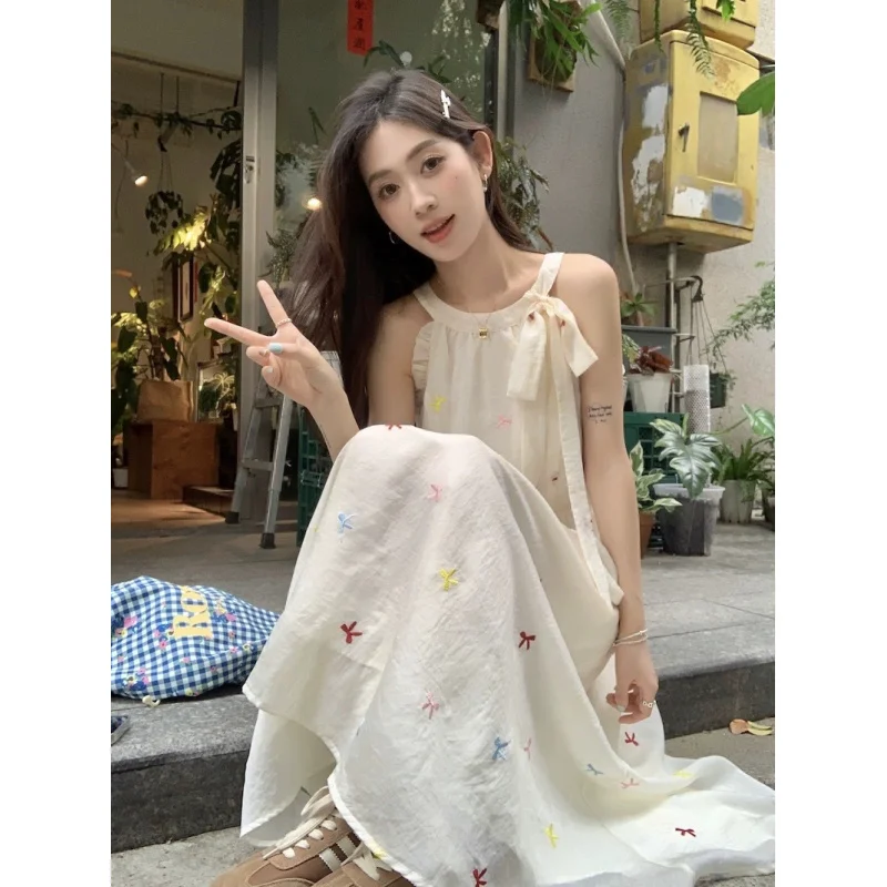 Bowknot Sweet Gentle Off-Shoulder Sleeveless Dress 2025 Summer New Waist-Slimming Elegant Versatile Long Dress