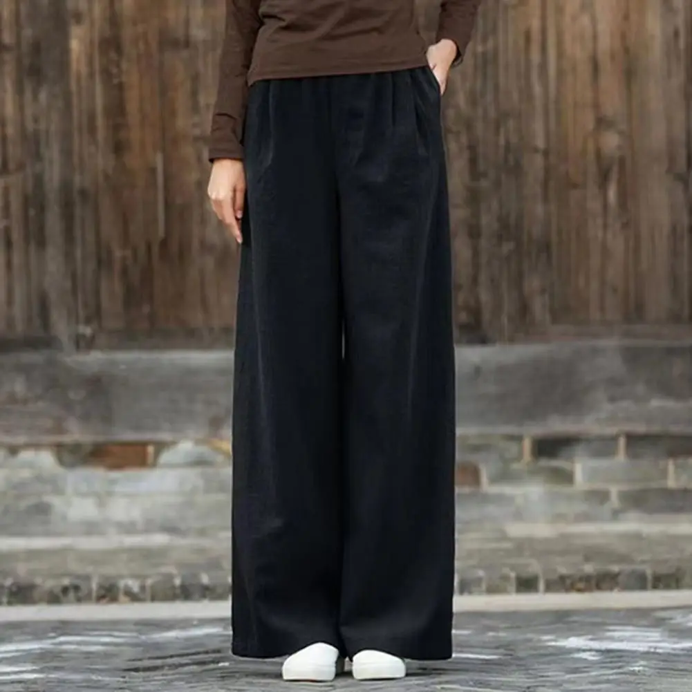 Long Trousers Stylish Women's High Waist Wide Leg Pants with Pockets Solid Color Straight Slacks for Spring Autumn Retro Casual