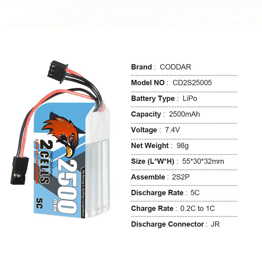 CD2S25005 2S 7.4V 5C 2500mAh 1/8 Modelo de coche Paquete de batería de litio recargable