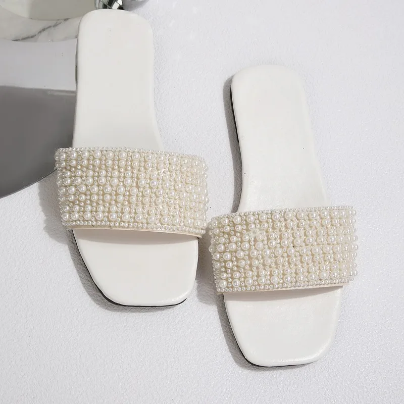 Women's Summer New Elegant Open-Toe Crystal-Embellished Flat Sandals - Fashionable, Hot Selling, Comfortable Beach Sandals