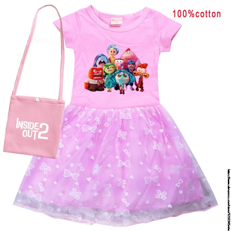 Inside Out2 New Clothes Kids Short Sleeve Casual Dress Baby Girls Lace Dress & Bag Children Wedding Party Vestidos Best Gift