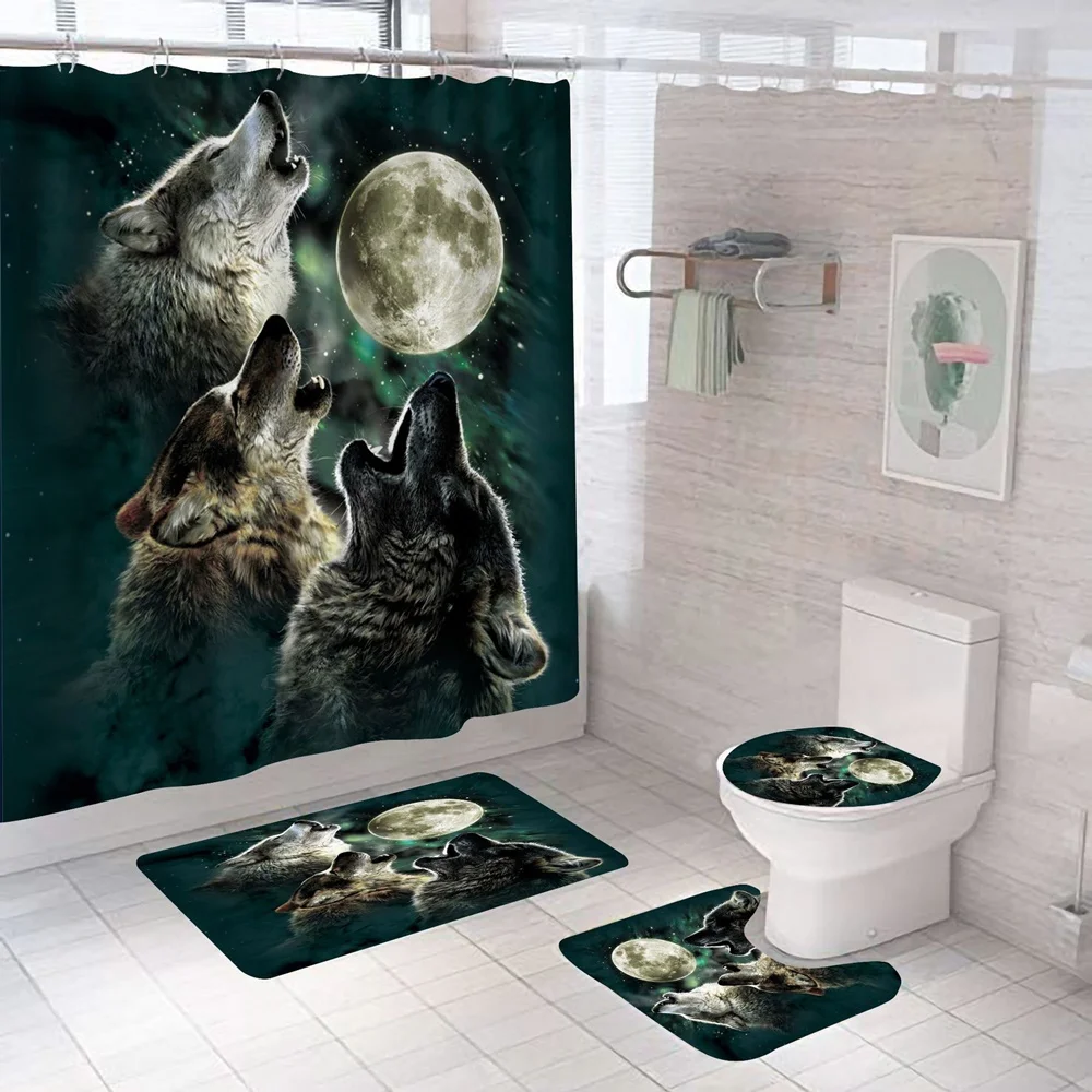 Wildlife Gray Wolves Shower Curtain Set With Rug Art Black White Wolf Bath Curtains Non-Slip Bathroom Decor Mat Toilet Lid Cover