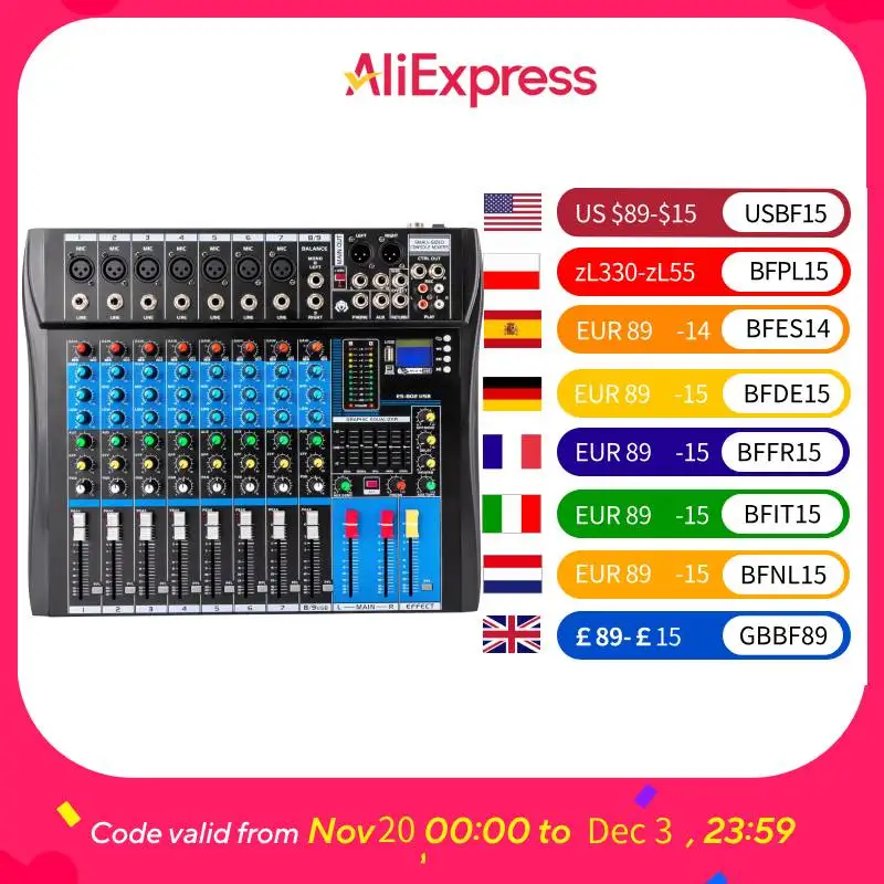 Professional 8 Channel Stereo Sound Mixer Bluetooth USB Recording Computer Playback Phantom Power USB Digital Audio Mixer