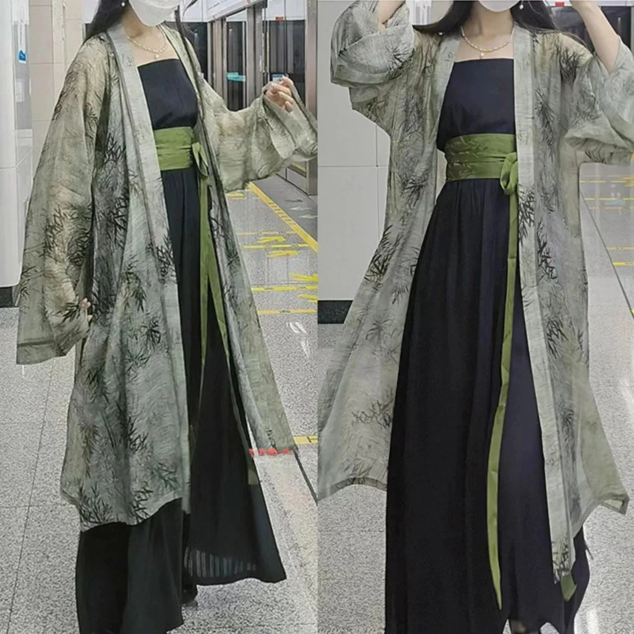 

Новый китайский стиль Hanfu, женский свободный костюм династии ханьфу из 2 частей, кимоно, Винтажный Зеленый костюм ханьфу