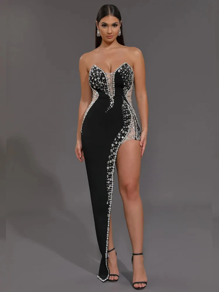 

2024 Women Celebrity Sexy Strapless Backless Beading Black Maxi Long Bodycon Bandage Dress Elegant Evening Club Party Outfit