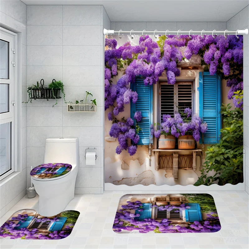 4PCs purple wisteria shower curtain set with non-slip bathroom rug, 12 hooks, toilet U-shape mat, toilet lid cover pad, blue