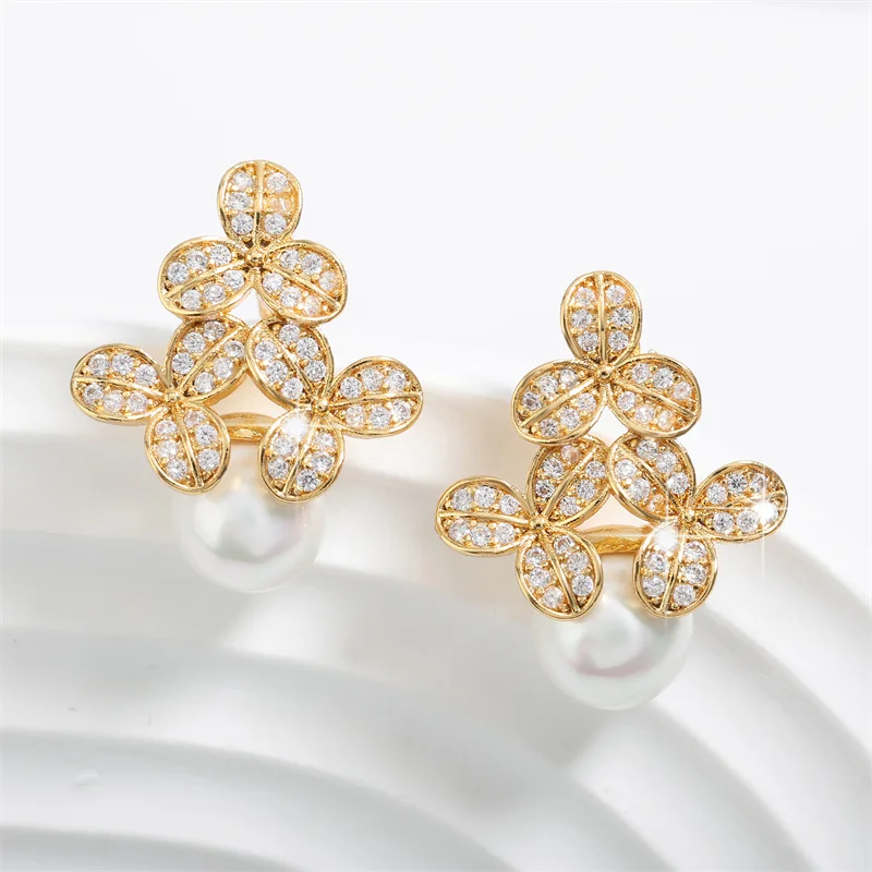 ZAKOL Elegant Flower Shaped Round Imitation Pearl Earrings for Women Micro Inlay Zirconia Earring Bridal Wedding Jewelry