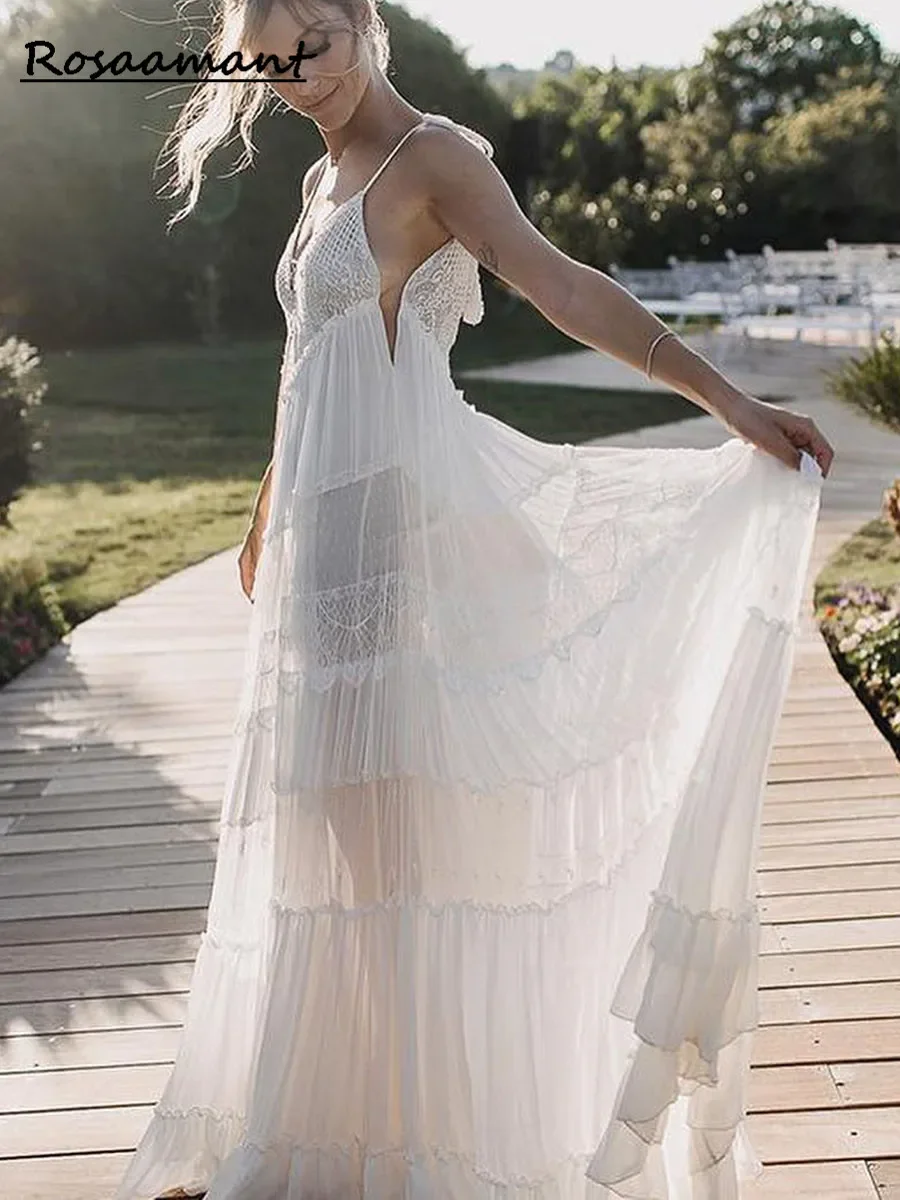 

Elegant Boho Wedding Dress Women Beach Appliques Vestido De Noiva Bridal Gown Chiffon Spaghetti Straps V-neck Open Back