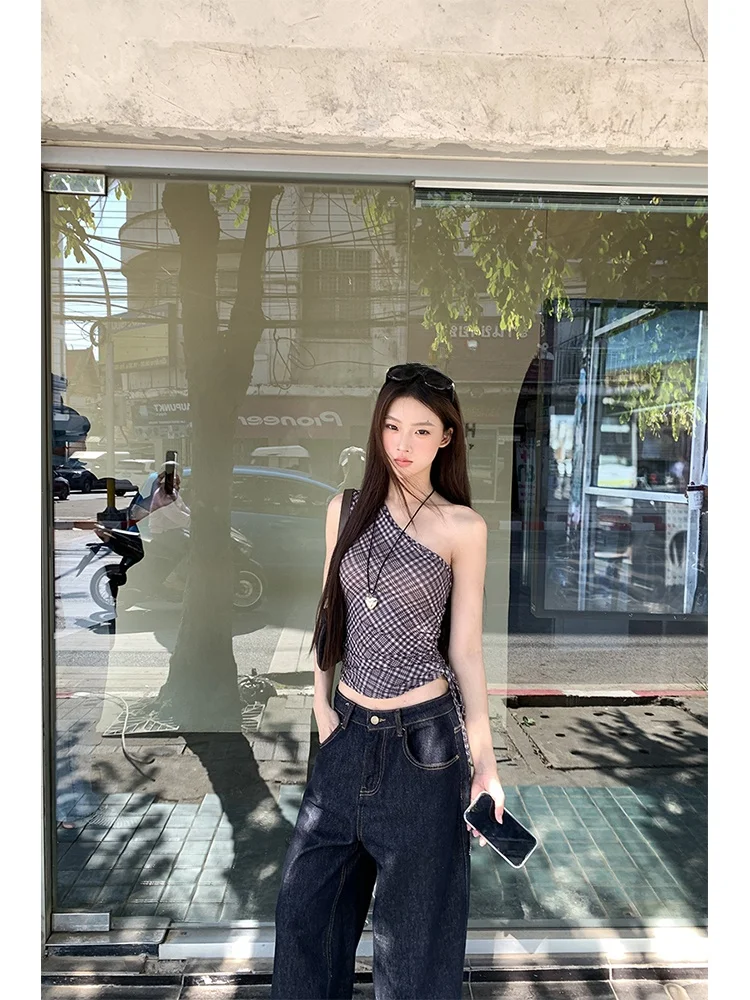 Slim Fit Bla Plaid Strapl Weste Damen Design Sensibili Faionable Oulderl Top Pendeln Sle Inner Wear Sommer C...