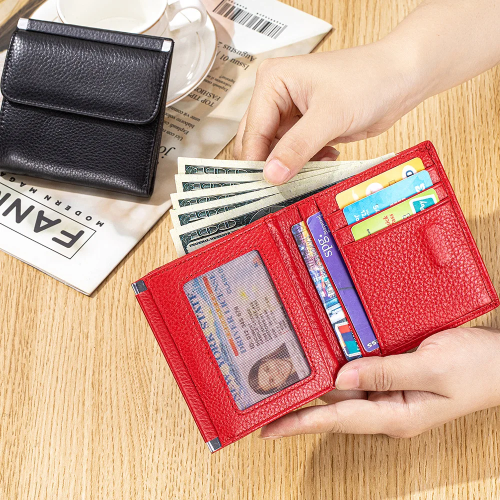 Genuine Leather Short Wallet for Women Cowhide Money Clip Thin Card Slots Magnetic Buckle Billfold Simple Folding Wallets