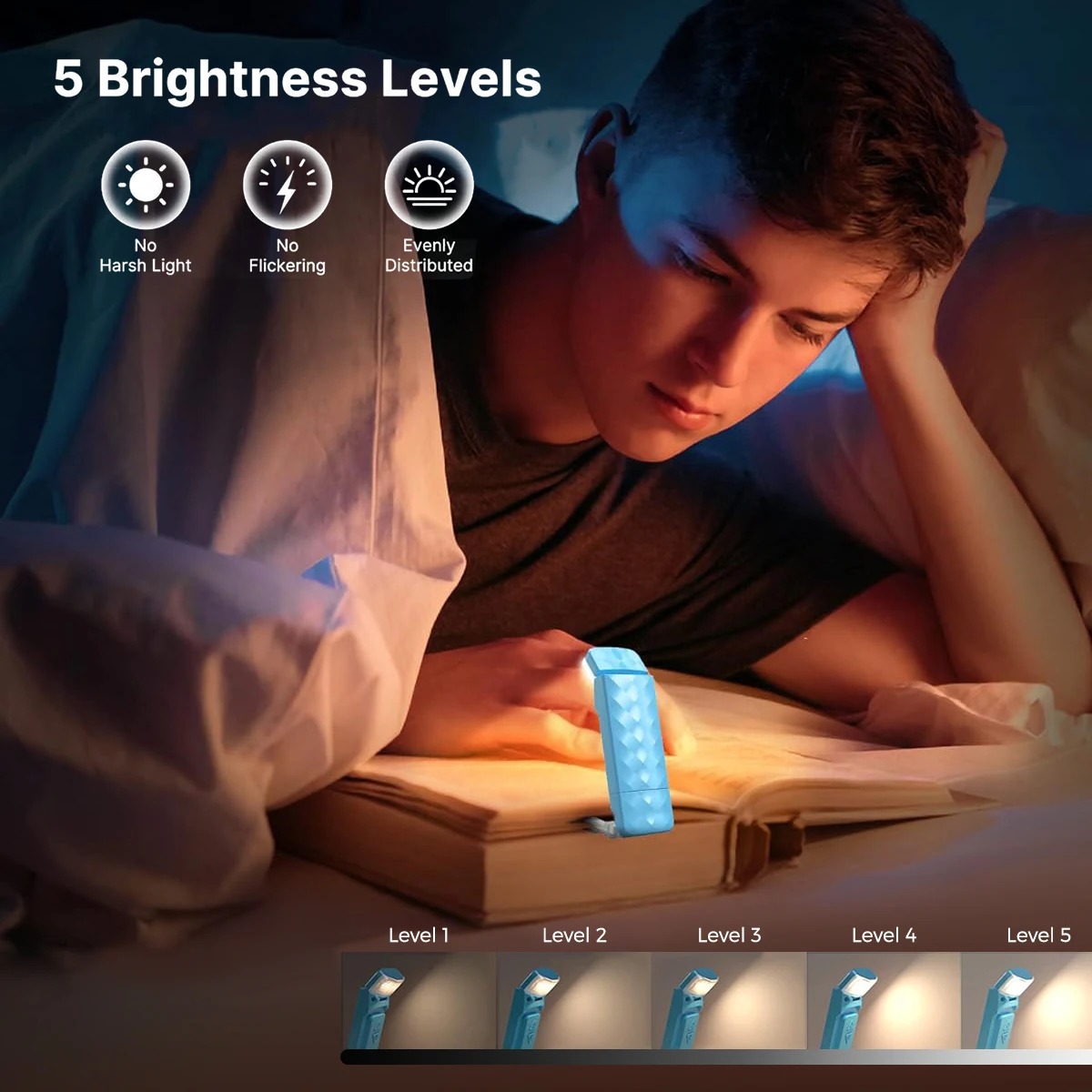 Rechargeable Reading Light with 3 Color & 5 Brightness, Adjustable Angles Portable Book Lamp for Bed,30 Mins Timer for Kids Room