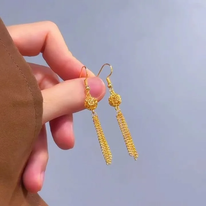 24K 9999 Pure Gold Hollow Lantern Earrings Chinese Vintage Hydrangea Tassel Earrings