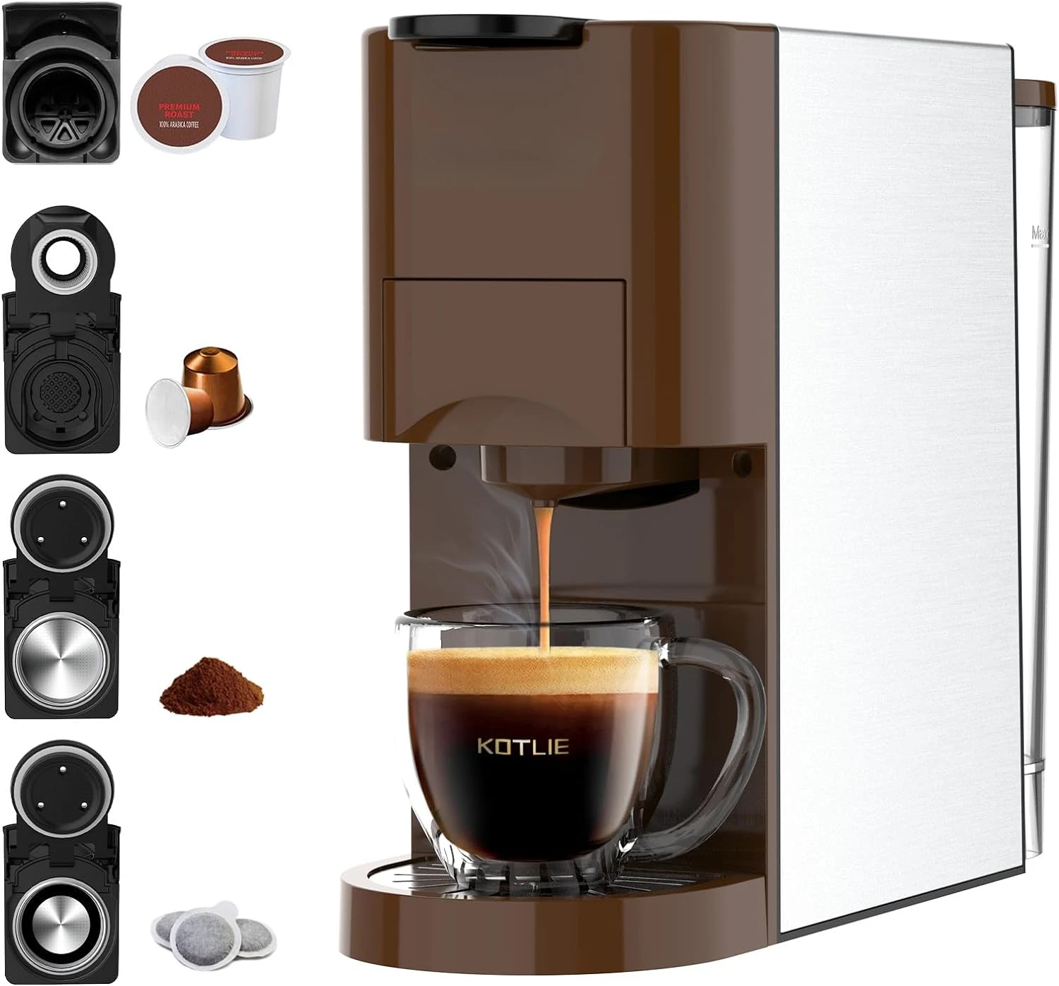 

4-in-1 Espresso Machine, 19Bar Espresso Maker, 1450W Fast Heat Coffee Machine/K cups/L'OR/Ground Coffee/illy Coffee ESE