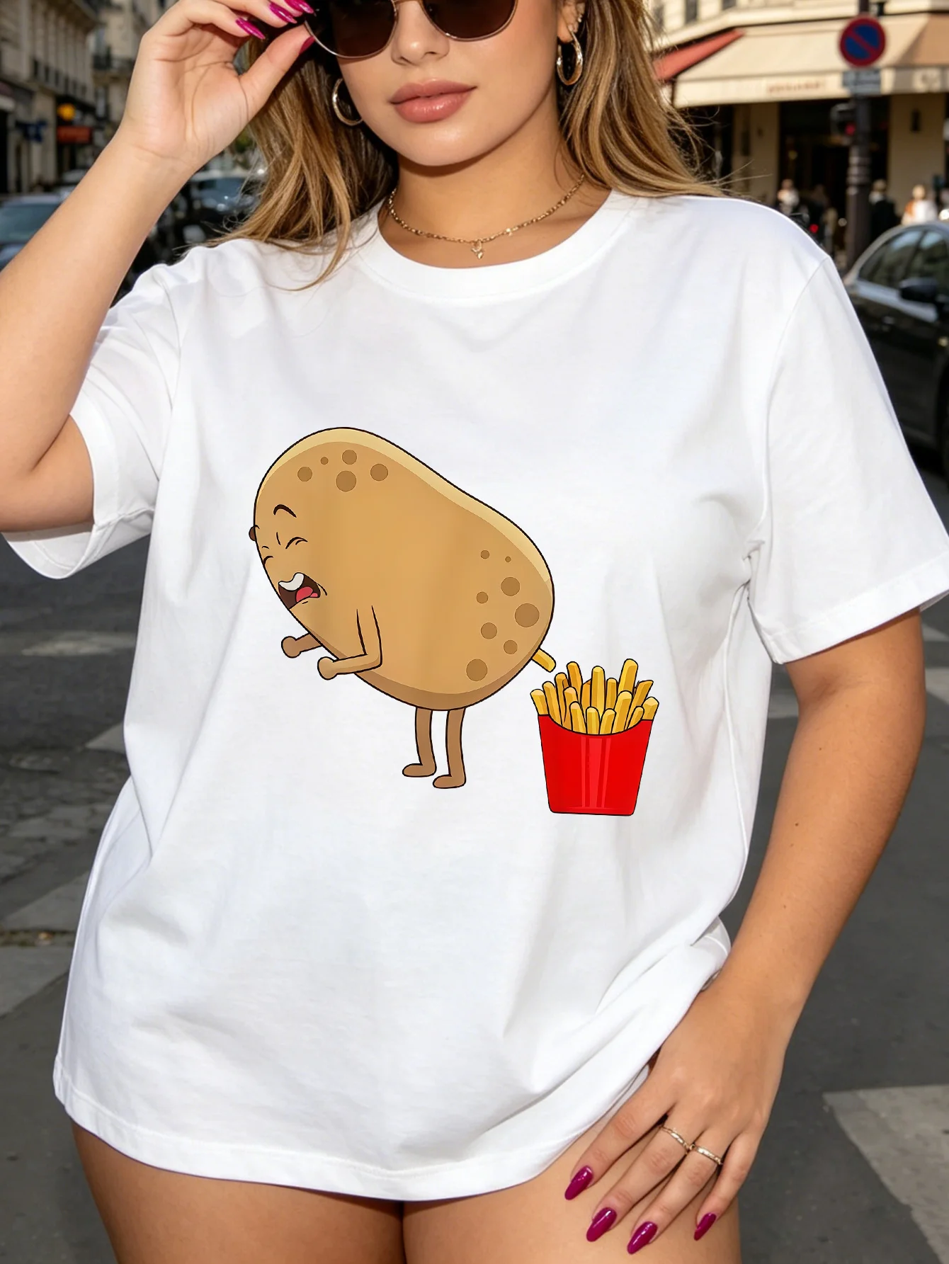 Women Crew Neck Tee Cartoon Potato Fries Graphic Print Short Sleeve Loose Ladies Summer Soft Cotton Plus Size Casual Street Top