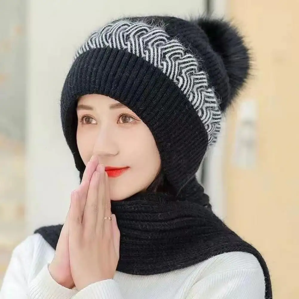 

Unisex Knitted Hat Windproof Beanie Winter Hat for Women Knitted Windproof Warm with Plush Ball Decor Anti-slip Beanie Scarf