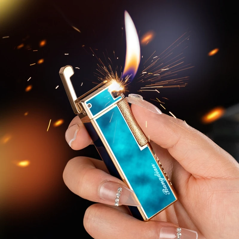 2023 New Metal Grinding Wheel Sideslip Oblique Fire Inflatable Lighter Outdoor Portable Cigar Gas Lighter Classic Retro Gift