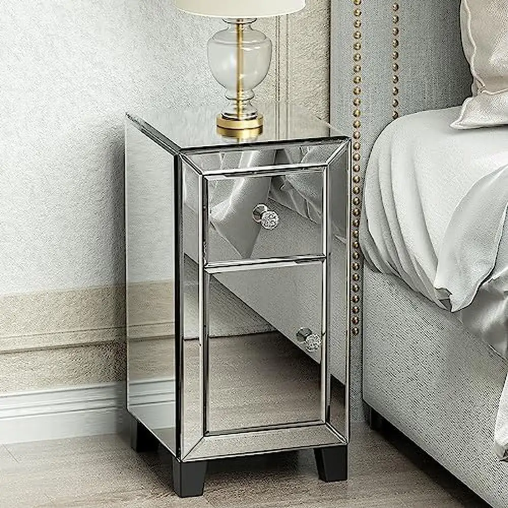 Mirrored Nightstand Cabinet Drawer Bedside End Tables Bedroom Living Room Entryway Chic Design Wood Legs Sleek Glass Surface