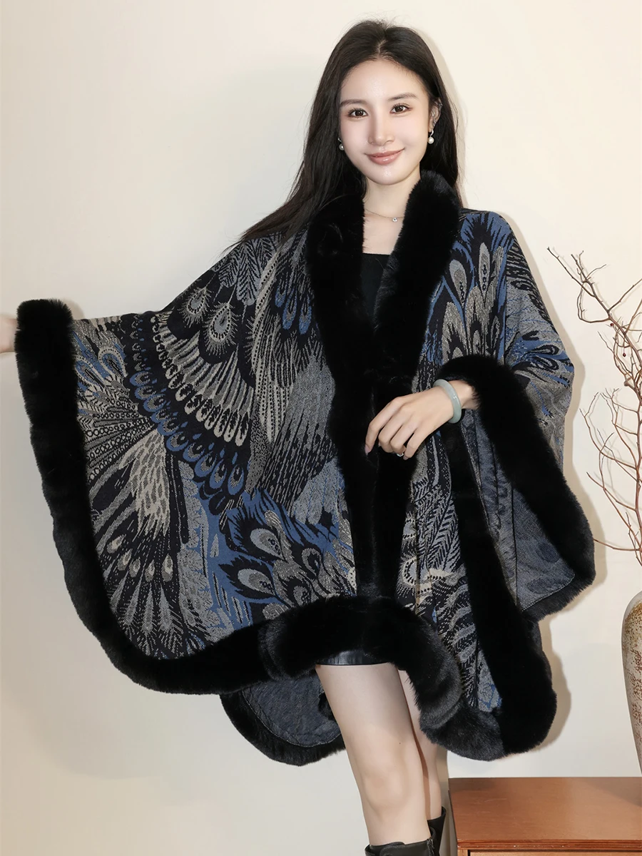 

Красивая жаккардовая вязаная накидка из искусственного меха с павлиньими перьями, длинное пончо, женский осенне-зимний вязаный кардиган, вечерние дорожные плащи