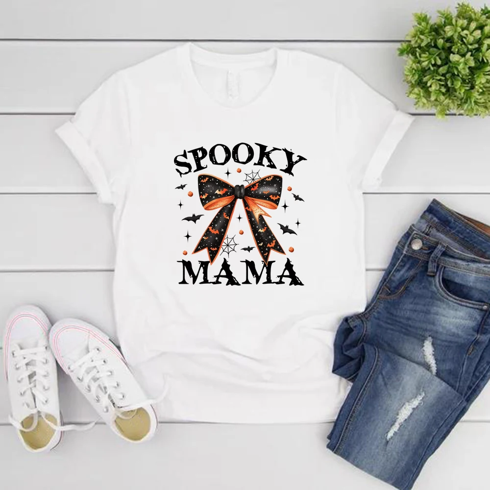 

Vintage Spooky Mama Tshirts Retro Halloween T Shirt Spooky Season T-shirt Short Sleeve Women Tshirt Halloween Mama Graphic Tee