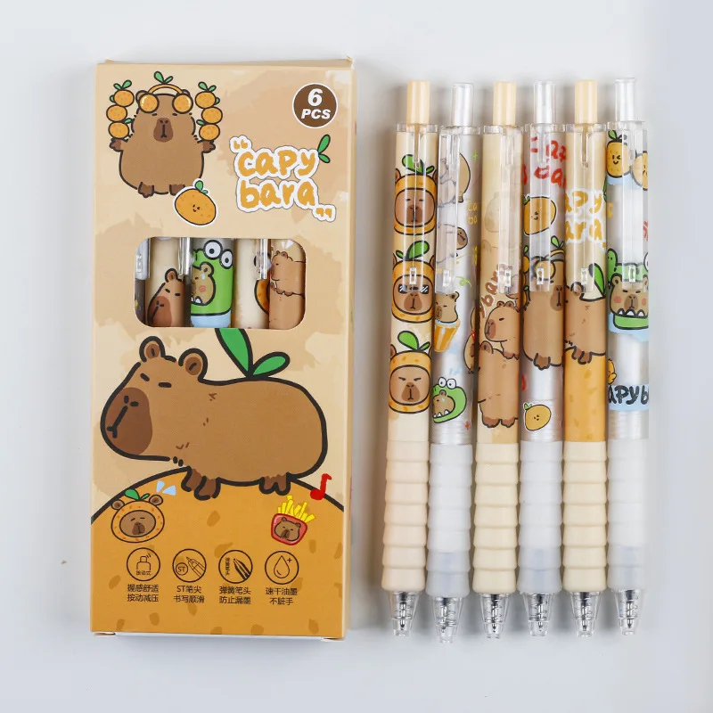 Zestaw 6 długopisów żelowych INS Style Kawaii Capybara, długopis żelowy 0.5mm, czarny długopis żelowy z kreskówką, szybkoschnący długopis do podpisu dla uczniów.