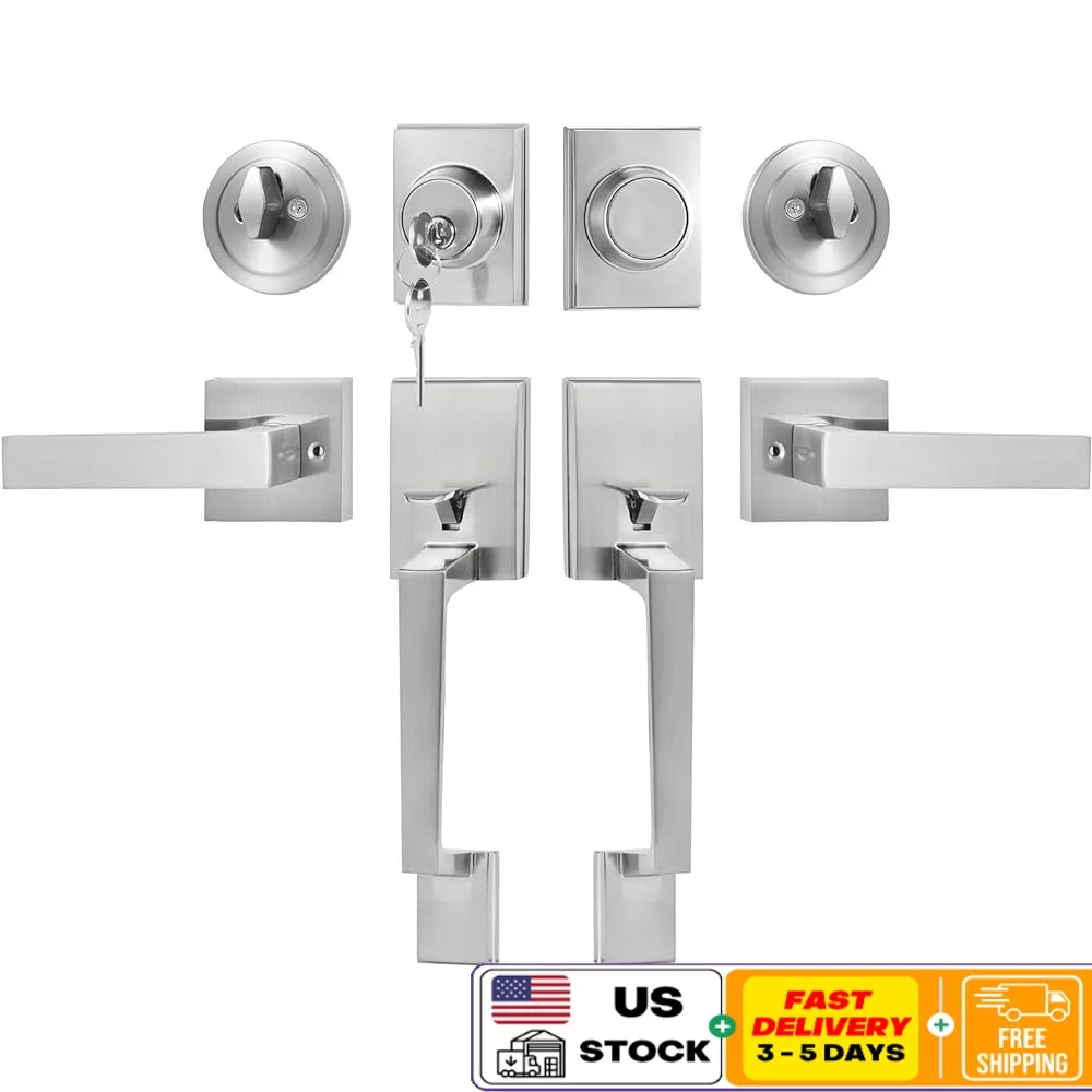 

Heavy Duty Double Door Handle Set Adjustable Locking Lever Satin Nickel Reversible Design Easy Installation Front Doors