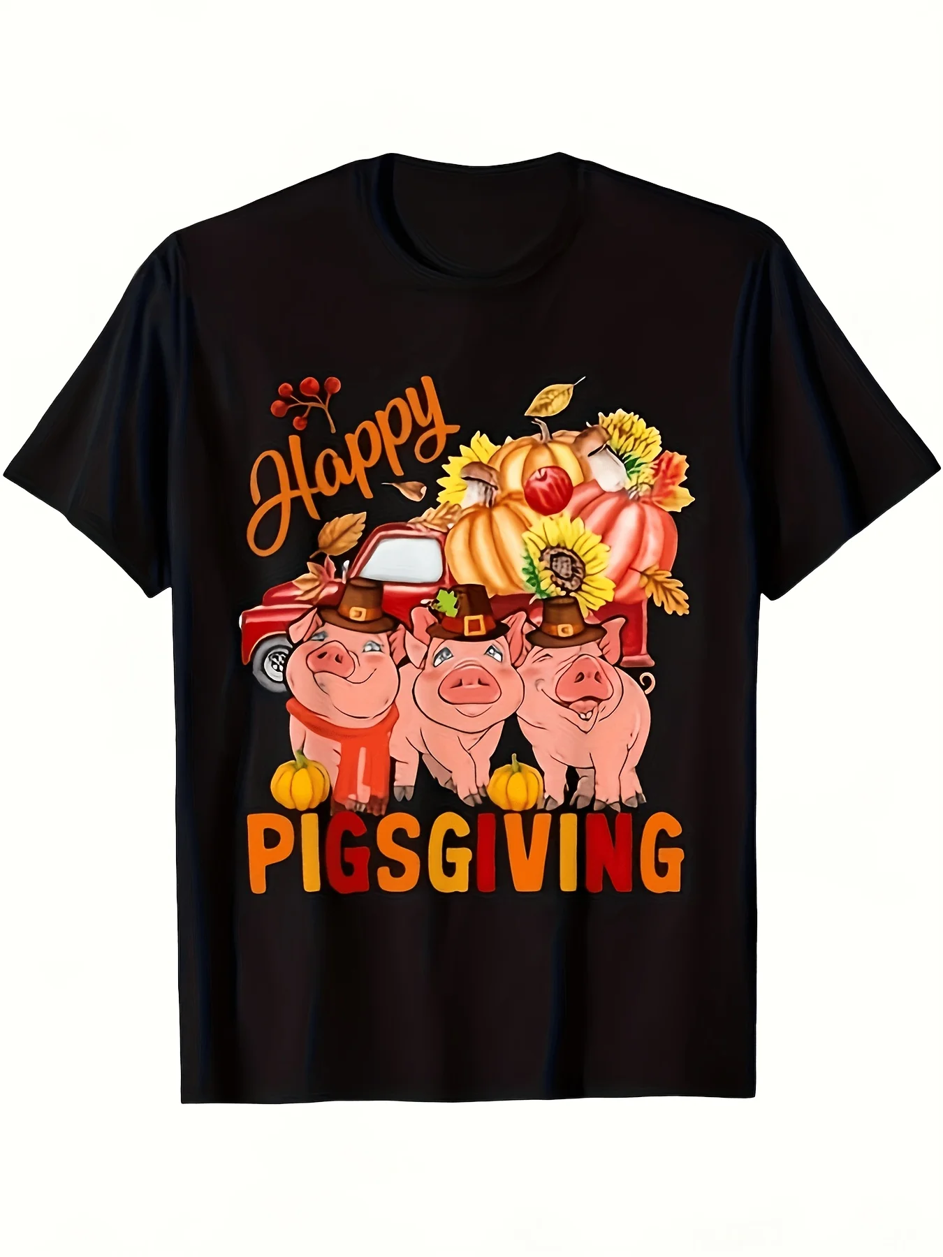Funny Pigsgiving Pigs Pickup Truck T-Shirt - Vintage Thanksgiving & Halloween Graphic Tee with 3 Cheerful Pigs Turkey & Pumpkin Bucket - Soft 220Gsm Heavyweight Shirt for Men & Women - Unisex Ad