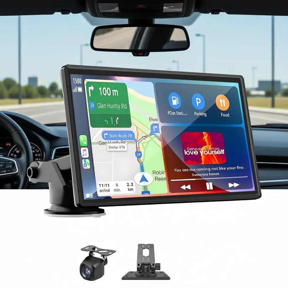 

Portable 7 Wireless Carplay & Android Auto with Bluetooth, HD Backup Camera, GPS Navigation, Siri, M, AUX, Mirror Link for All V