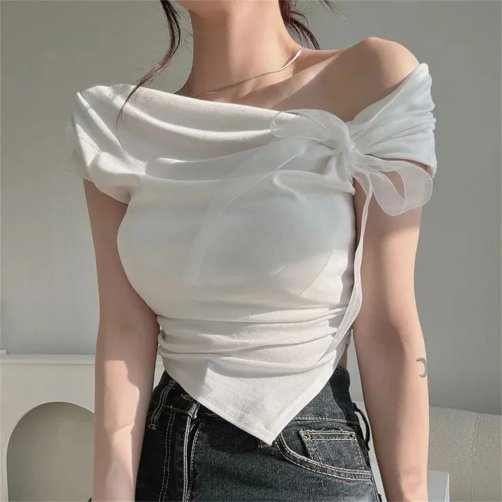 Korean Style 2026 Summer Vintage Lady Sweet Tees Women Sexy Bow Lace Up Cropped Tops Irregular Off Shoulder Short Sleeve Shirts - view 4