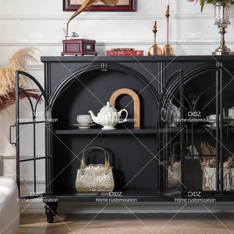 Retro Black Dining Side Cabinet Living Room Creative Corner Storage Unit with Glass and Wrought Iron Door Modern Home