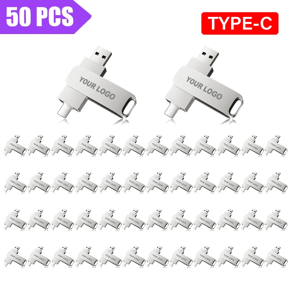 50PCS TYPE-C Metal USB Flash Drive 128GB Silver Memory Stick 64GB Creative Gift Pen Drive 32GB Free Custom Logo USB Stick 16GB