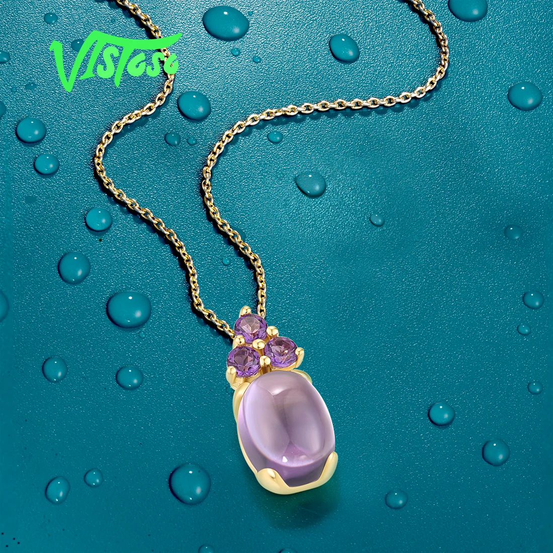 VISTOSO Pure 14K 585 Yellow Gold Pendant For Women Genuine Amethyst Simple Oval Wedding Party Gifts Fine Jewelry Set Handmade