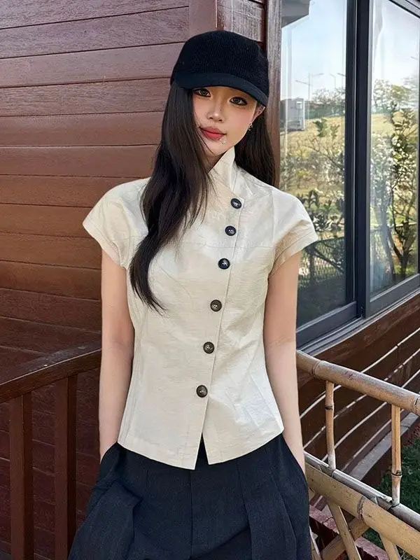 

Retro American Short Sleeve Shirt Women Summer Color Block Button Stand Collar Short Design Slimming Top Female Fashion