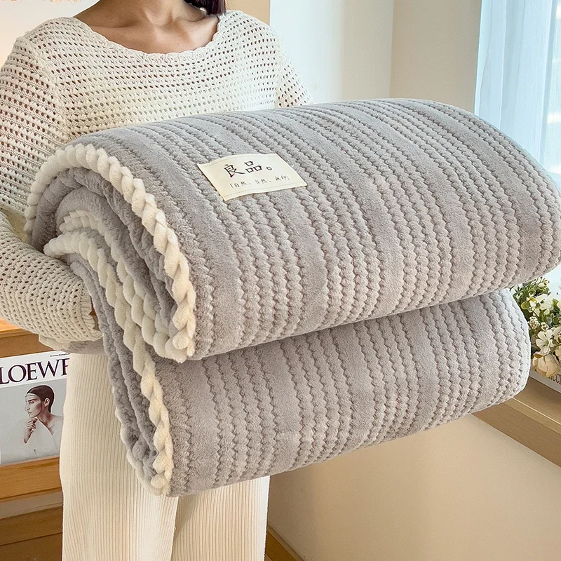 Solid Color Striped Blanket, Home Living Room Sofa Bedroom Decorative Blanket, Multifunctional Travel Warm Grey Throw Blankets