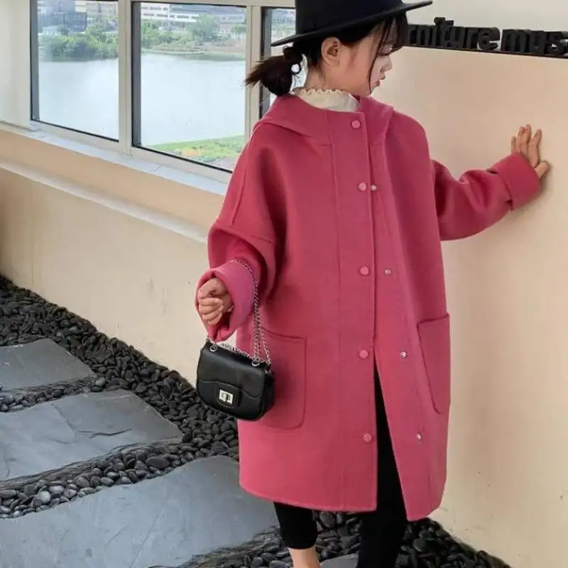 Girls Double Sided Cashmere 2023 Autumn and Winter New Fashion Coat Children Woolen Fabric Mid Length Korean Edition Coat