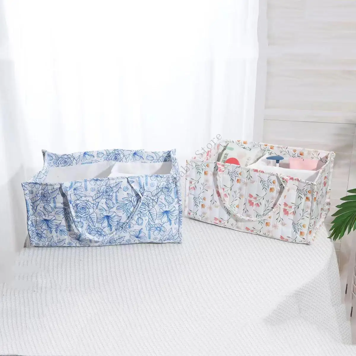 New Fashion Floral Baby Diaper Portable Large Capacity Diaper Stacker Newborns Clothes Wipe Essentials Basket