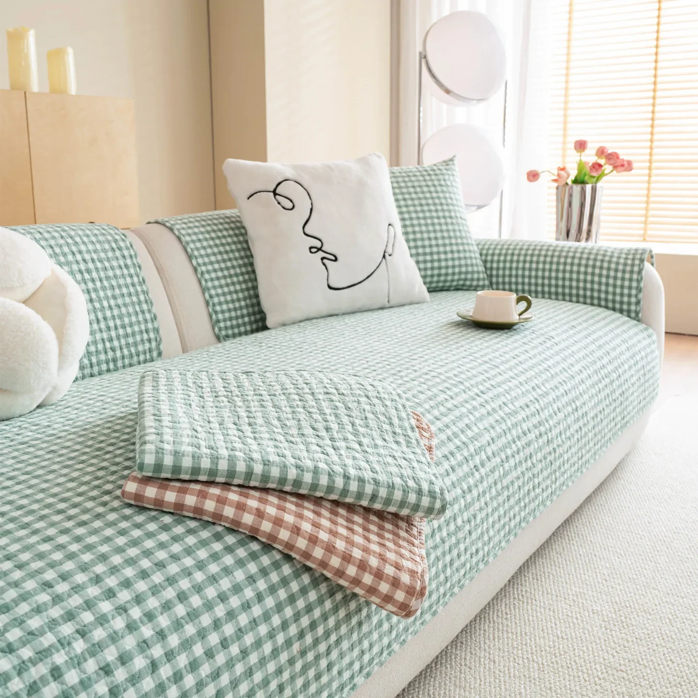 Printed Plaid Washable Cotton Sofa Cushion All Season Universal Seat Pad Couch L Shaped Sectional Non-slip Dustproof Sofa Cover