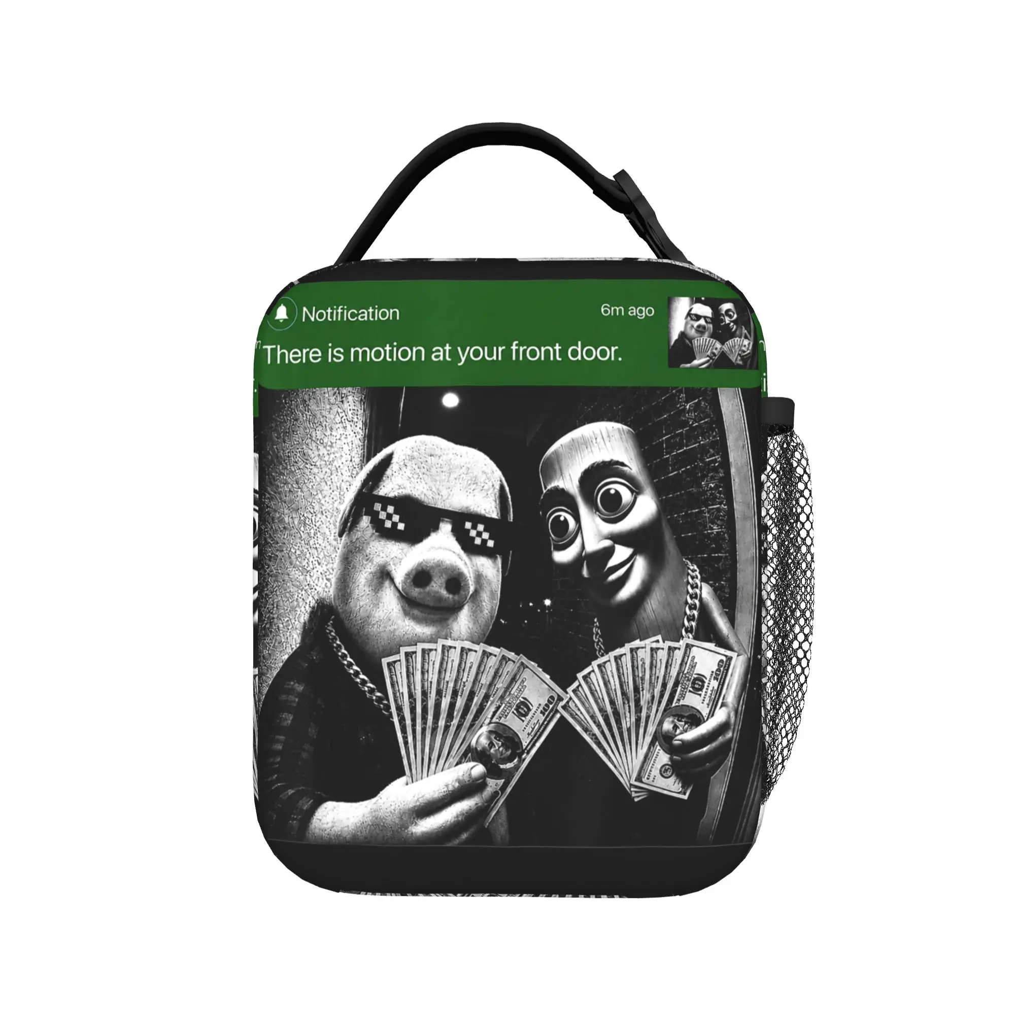 John Pork and Tung Tung Tung Sahur Front Door Motion Lunch Bag For Women Lunch Box Travel Cooler Bag Portable Oxford Lunch Bags