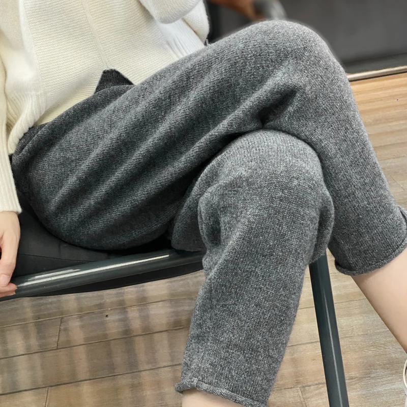 Pantaloni in Cashmere monocromatico da donna, abbigliamento esterno imbottito lavorato a maglia, vestibilità ampia, pantaloni dritti, autunno e