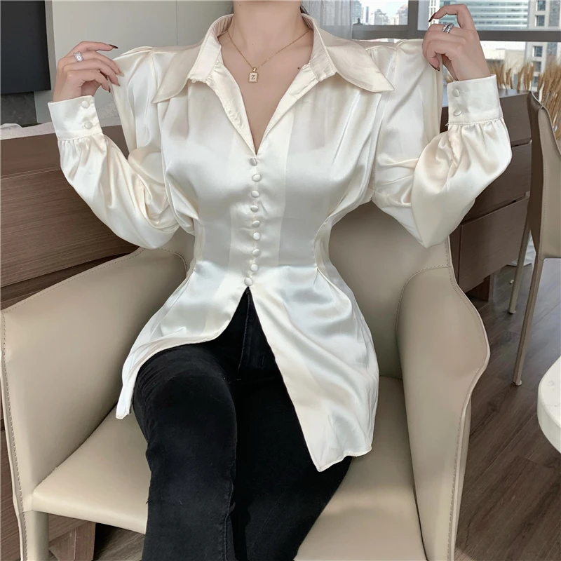 French Elegant Satin Shirts Women Spring Autumn New Slit Single Breasted Bubble Sleeve Bandage Blouses or Tops for Woman