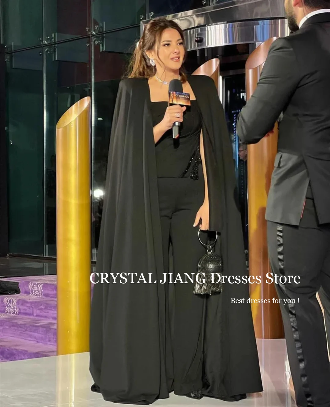 

Elegant Long Black Square Collar Crepe Evening Dresses Jumpsuit with Cape A Line Floor Length Vestido De Festa Noite