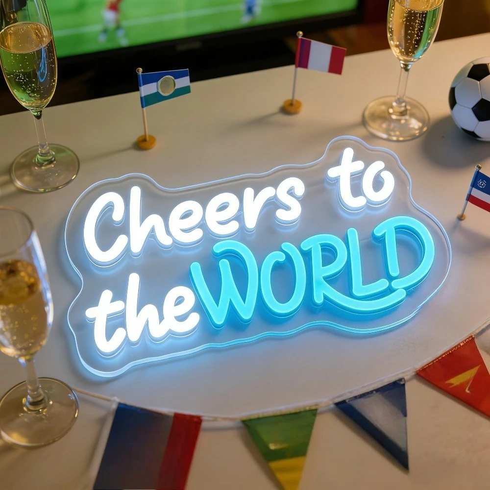 

Неоновая вывеска «Cheers to the WORLD»: светодиодный декор для бара, настенное искусство для фанатов спорта, украшение для дома, атмосферное освещение, подарок для вечеринки в честь футбольного матча