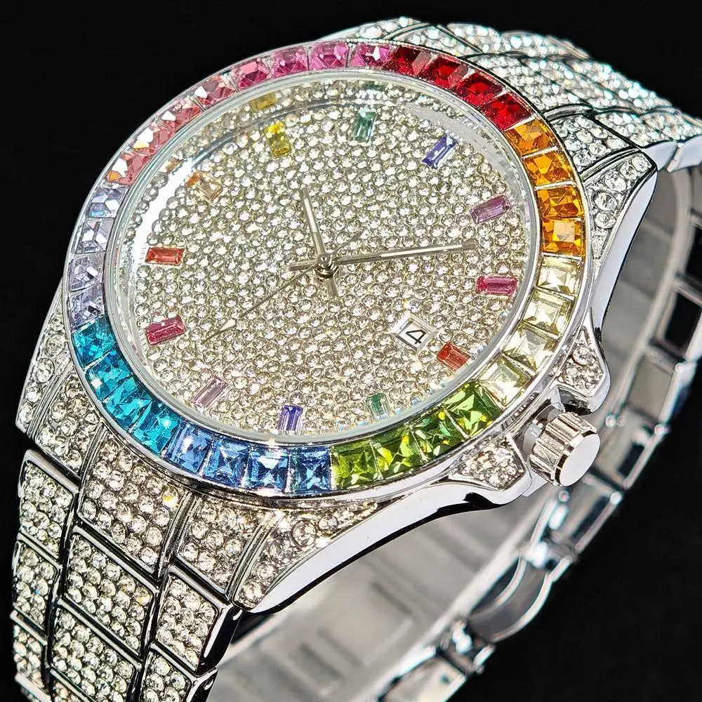 Luxury Ice Out Watches Men Fashion Brand UNIGUET Hip Hop Rainbow Diamond Round Quartz Wrist Watch Mans Gift Dropshipping