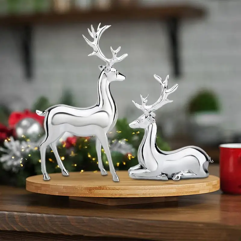 

Reindeer Handicraft Piece Resin Sculpture 2PCS Electroplated Silver Reindeer Statue Christmas Decor Center Table Decorations