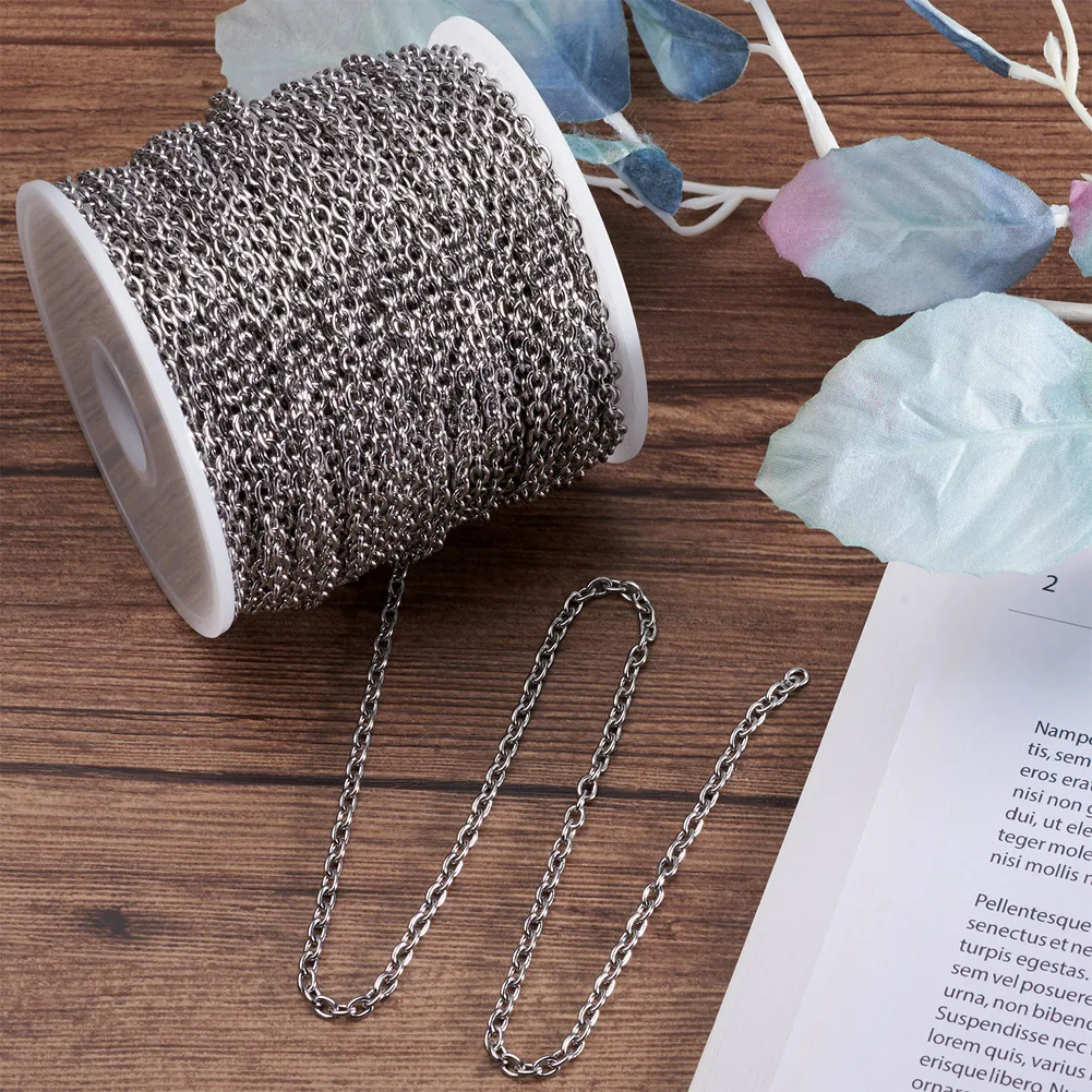 50m Stainless Steel Cable Chain Soldered/Unwelded Oval Link Chain for Necklace Bracelet Jewelry Making 0.4/0.5/0.6/0.8/1mm thick